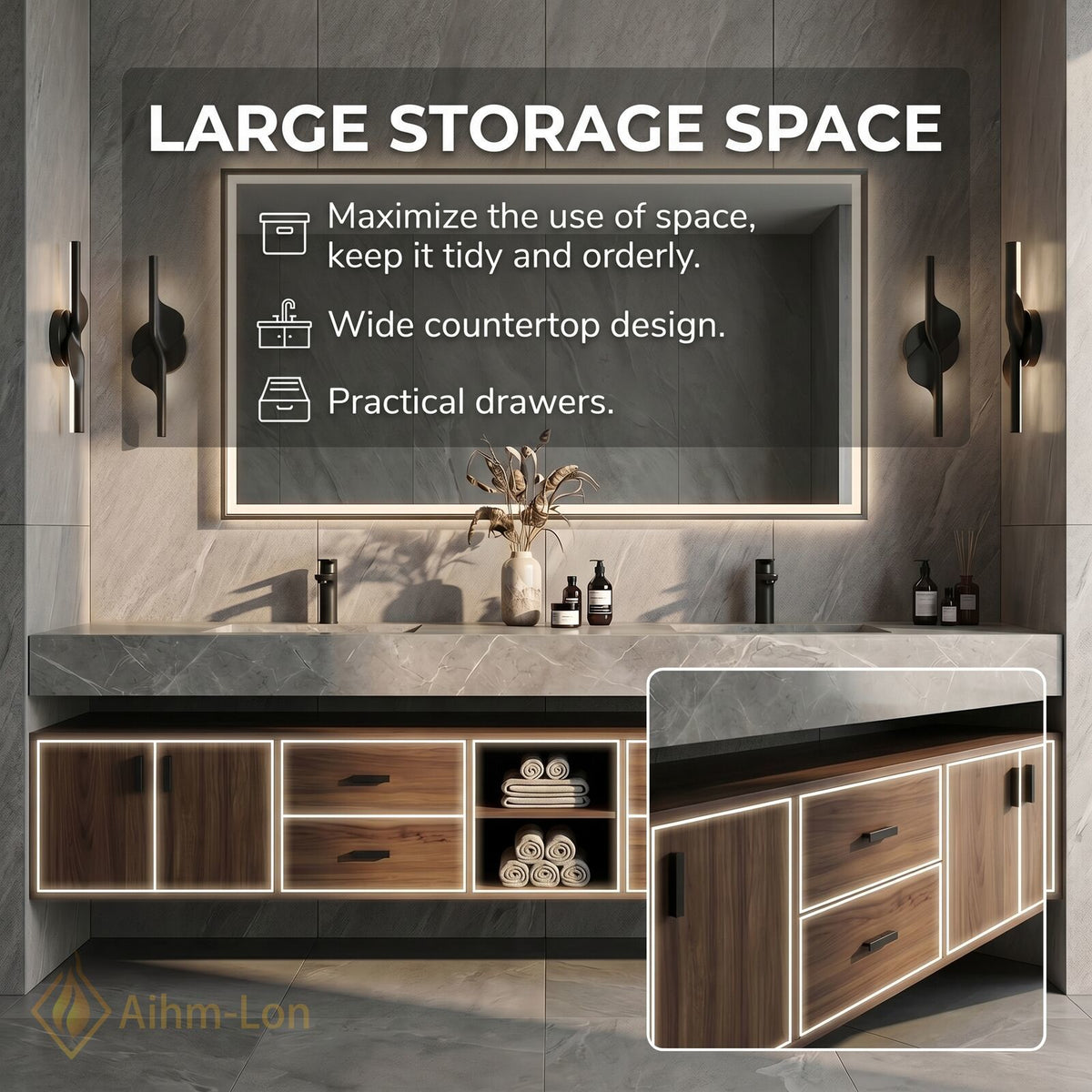 60''-96'' Double Bathroom Vanity with Sink Floating Storage Drawers Large Marble Modern