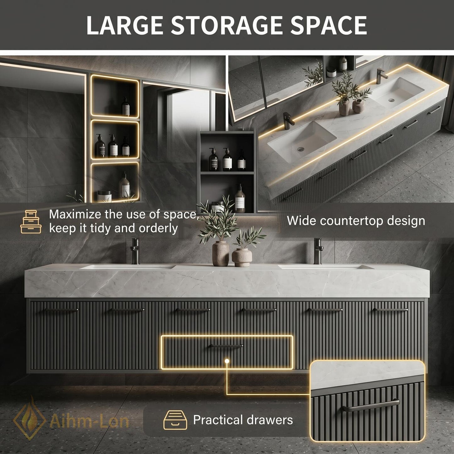 70''-96'' Double Bathroom Vanity with Sink Modern Ribbed Front Charcoal Finish Shelving