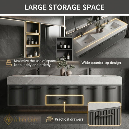 70''-96'' Double Bathroom Vanity with Sink Modern Ribbed Front Charcoal Finish Shelving
