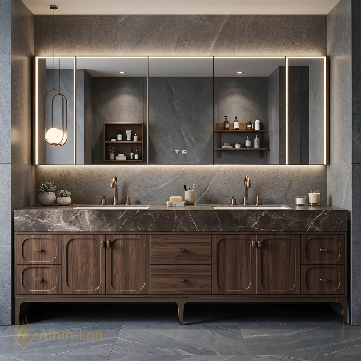60''-96'' Double Bathroom Vanity with Sink Mid-Century Modern Dark Walnut Solid Base