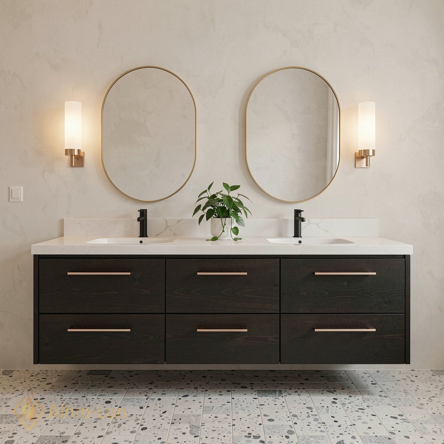 60''-96'' Modern Bathroom Vanity with Sink Floating Dark Wood Grain Anti-Fog Drawers