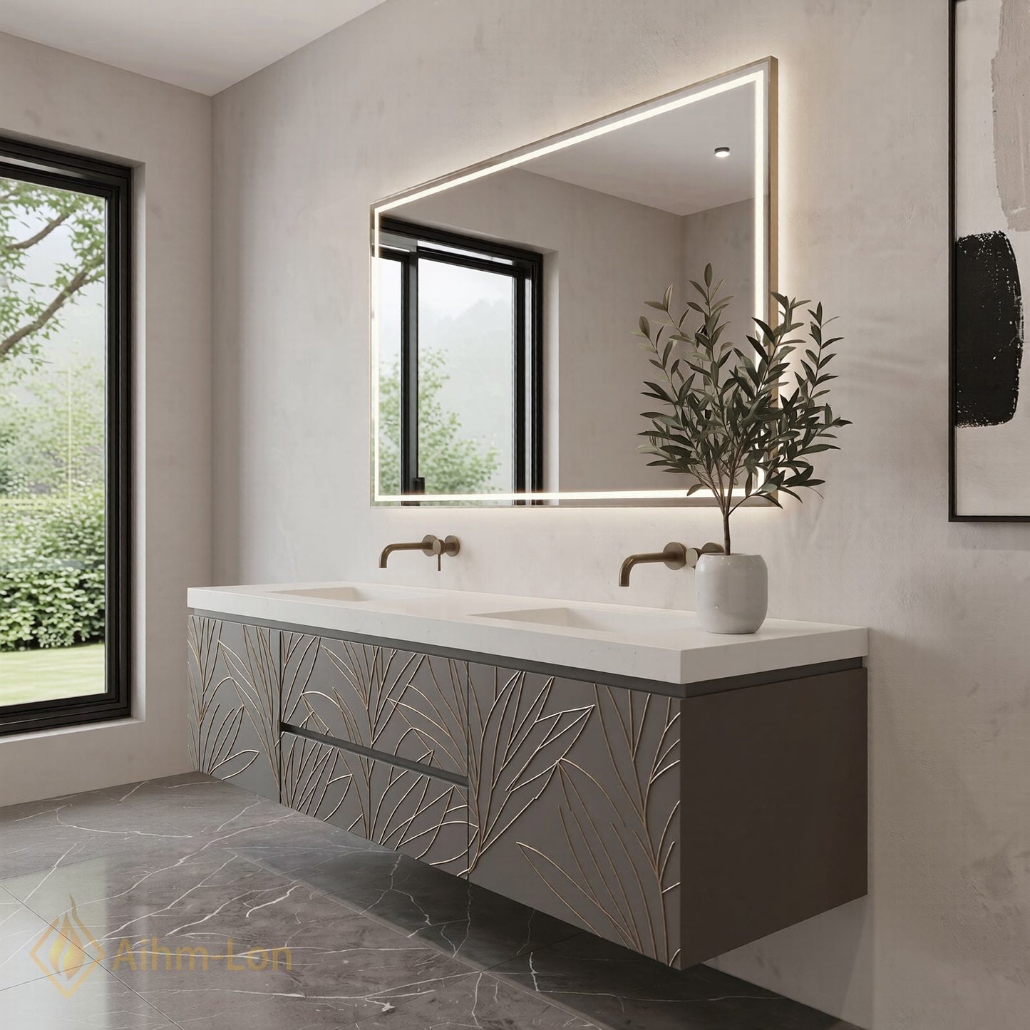 60''-96'' Double Bathroom Vanity with Sink Leaf-Textured Doors Integrated LED Mirror