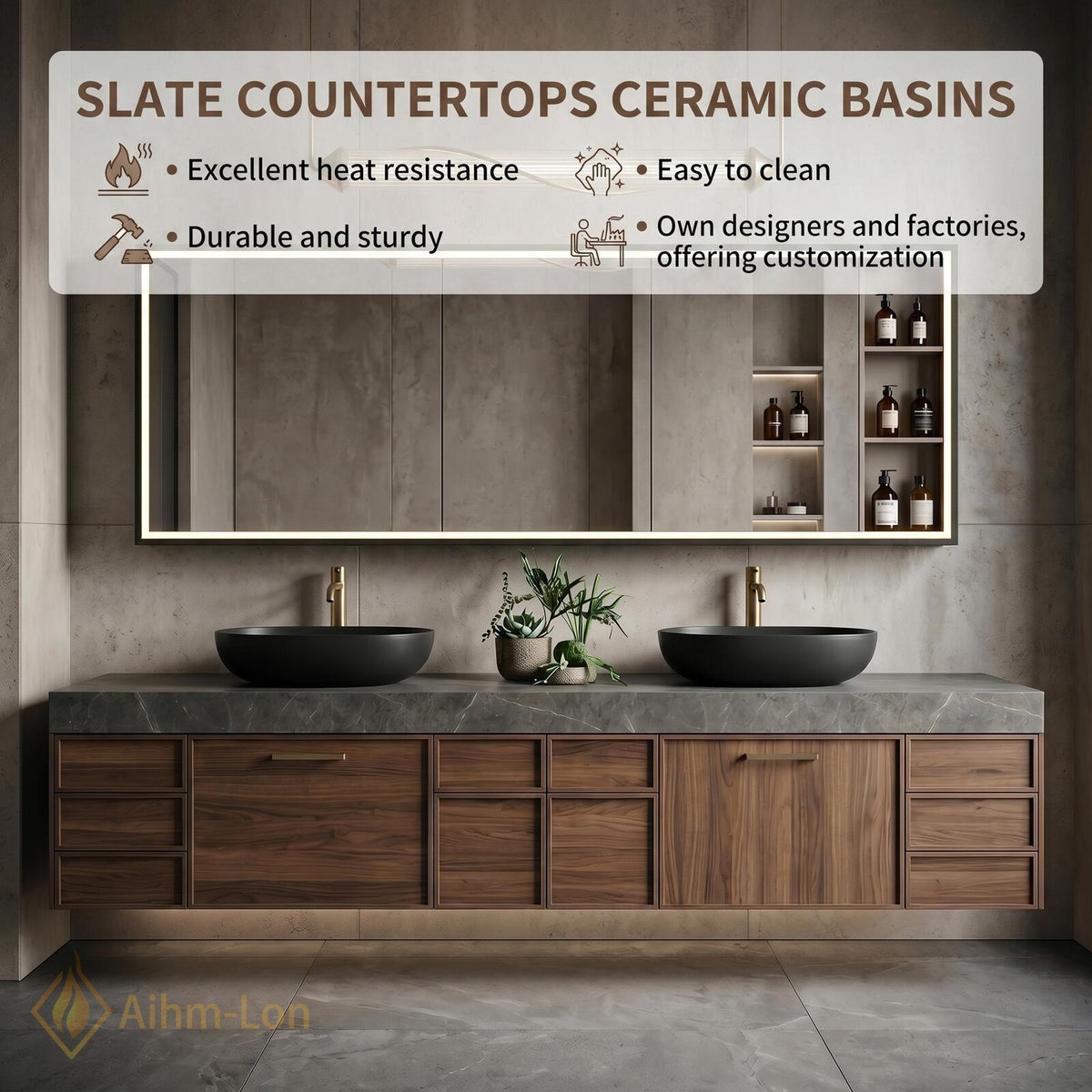 60''-96'' Double Bathroom Vanity with Sink Grey Stone Countertop Walnut Wood Drawers