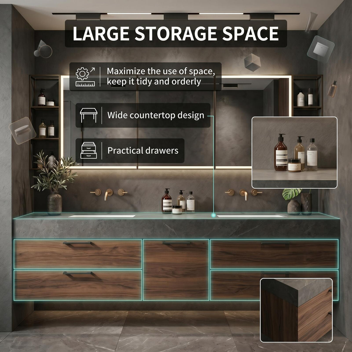 60''-96'' Double Bathroom Vanity with Sink Modern Floating Dark Walnut Metal Drawers