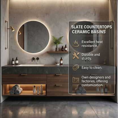 60''-96'' Modern Bathroom Vanity with Sink Double Basin Wood-Grain Dark Stone Cabinet