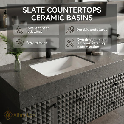 60''-96'' Double Bathroom Vanity with Sink Modern Floating Geometric Facade Dark Stone