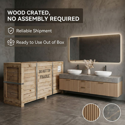 60''-96'' Modern Bathroom Vanity with Sink Double Sink Grey Marble Wooden Slatted Drawers