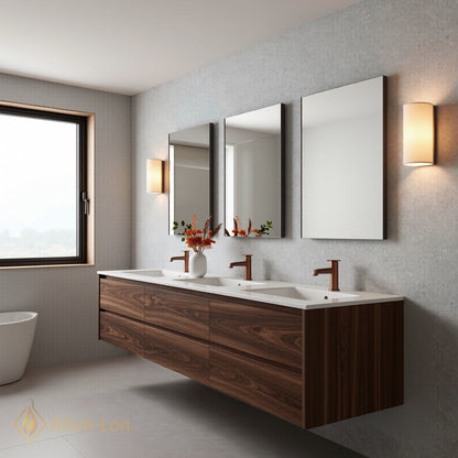 78''-96'' Modern Bathroom Vanity with Sink Triple Floating Dark Wood Grain Mirror Set