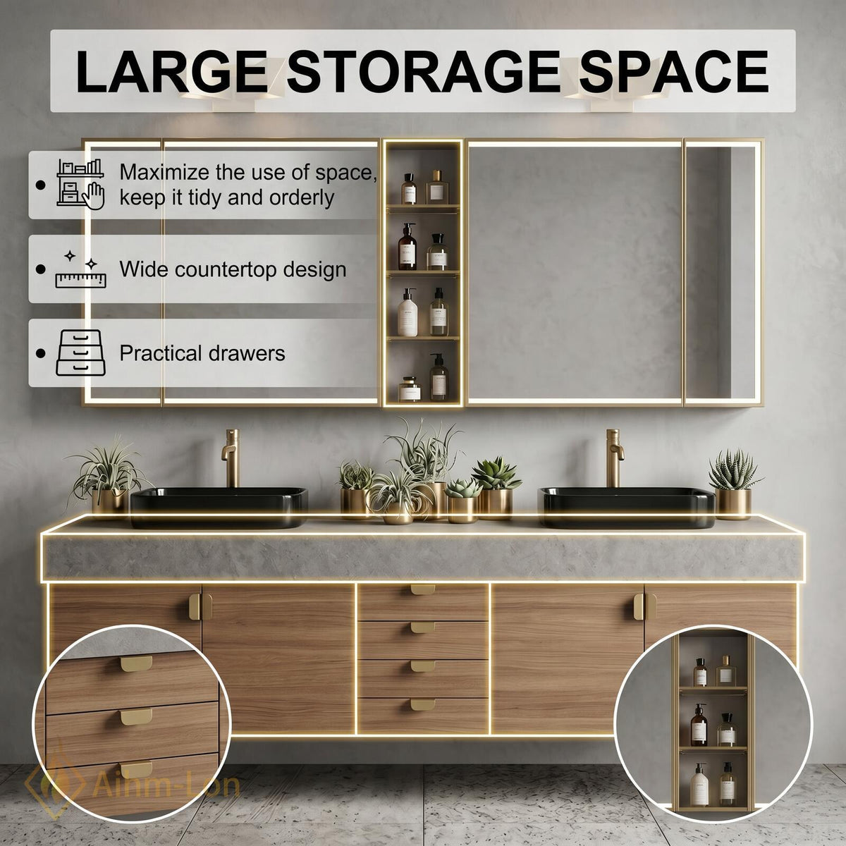 60''-96'' Double Bathroom Vanity with Sink Floating Grey Stone-Effect Wood Grain Cabinetry