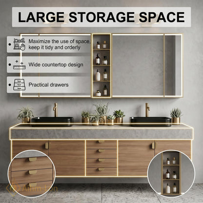 60''-96'' Double Bathroom Vanity with Sink Floating Grey Stone-Effect Wood Grain Cabinetry