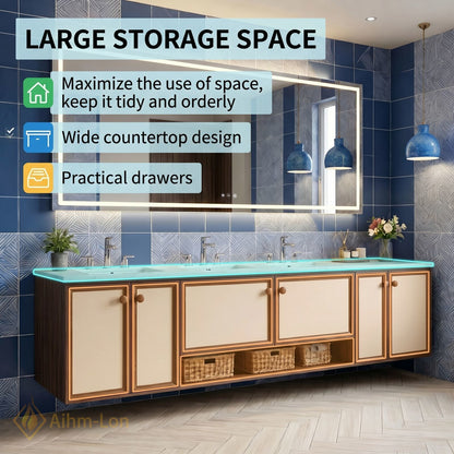 78''-96'' Floating Bathroom Vanity with Sink Wood Frame Panels Illuminated Mirror Cabinet