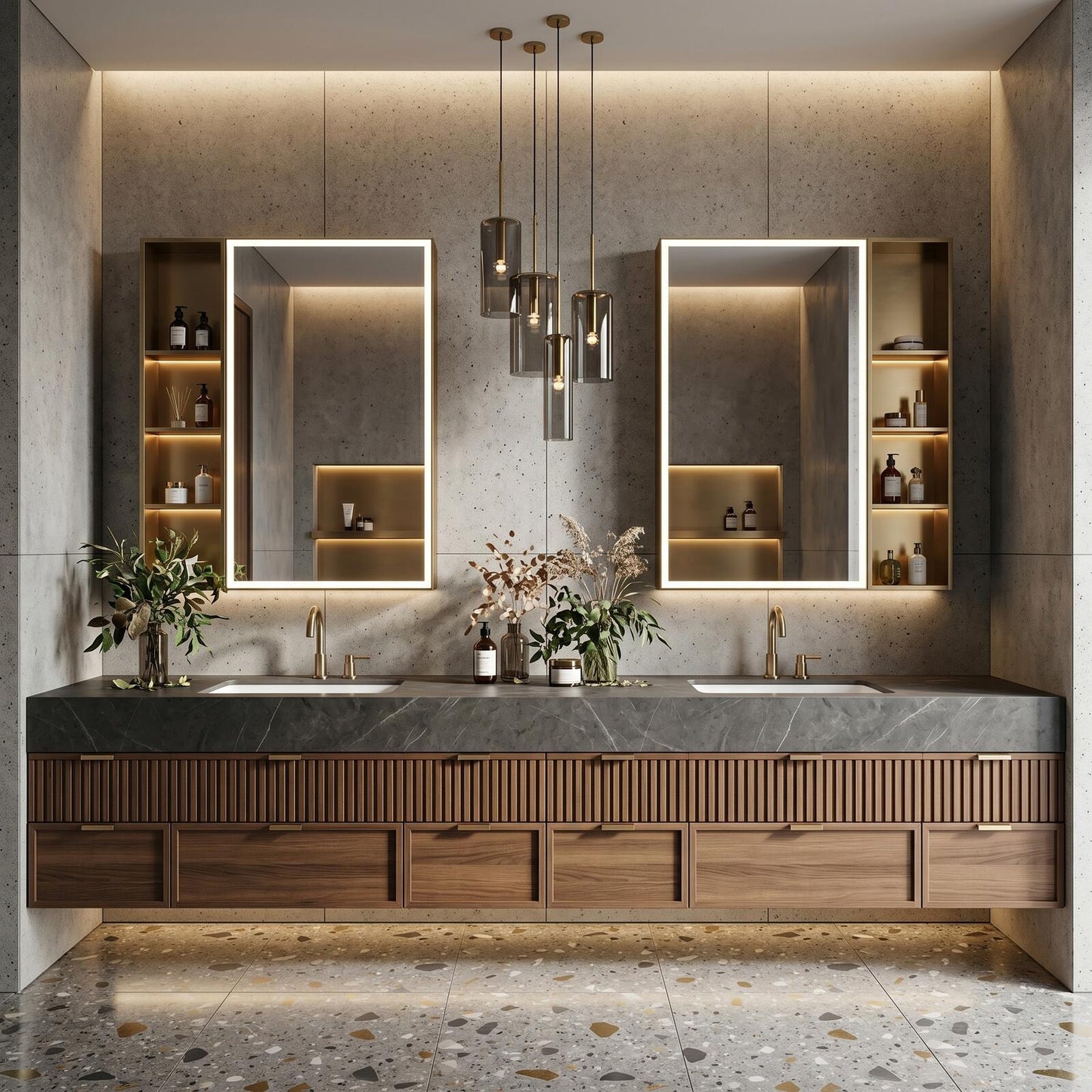 78''-96'' Modern Bathroom Vanity with Sink Stone Gray Slatted Wood Front Panels