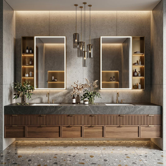 78''-96'' Modern Bathroom Vanity with Sink Stone Gray Slatted Wood Front Panels