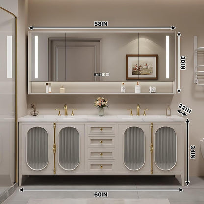 58"-96"Modern Bathroom Vanity Includes Fine Copper Metal Texture Handle & Striped Glass Door Storage