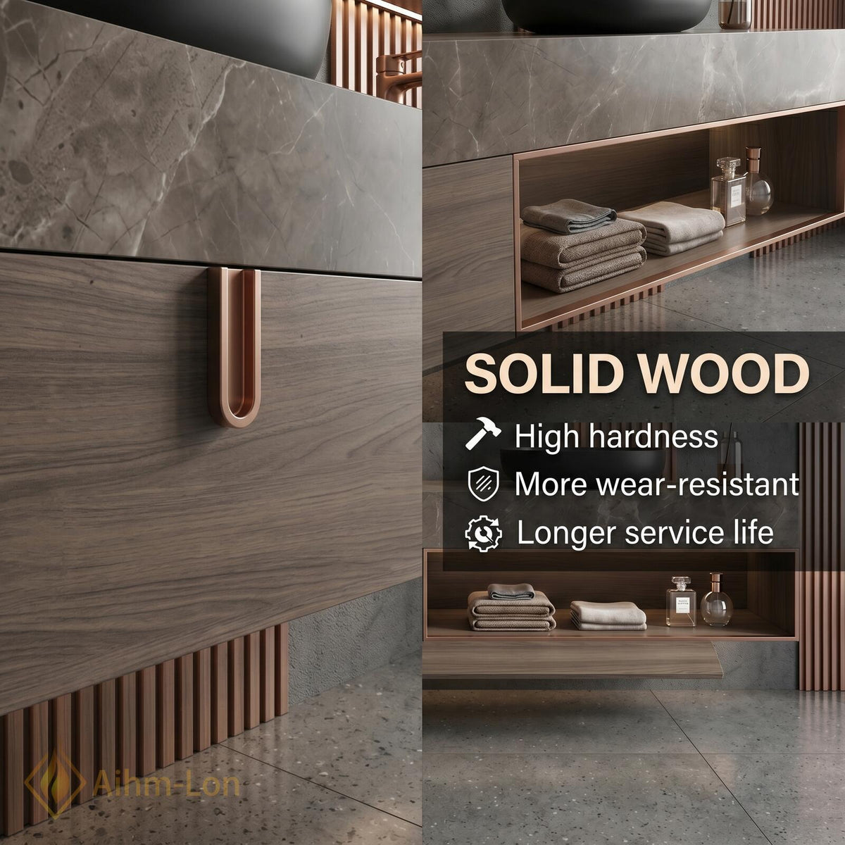 60''-96'' Double Bathroom Vanity with Sink Neutral Grey Stone Ribbed Wood Panels