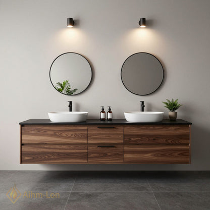 60''-96'' Floating Bathroom Vanity with Sink Double Vessel Sinks Dark Walnut Finish