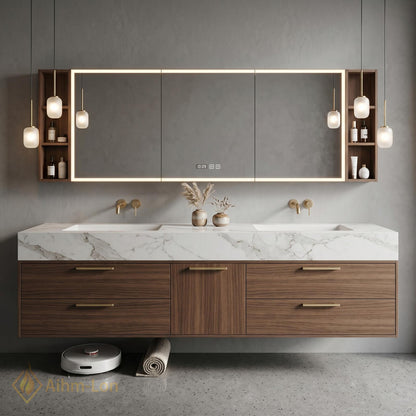 60''-96'' Double Bathroom Vanity with Sink Modern Floating Marble Top Walnut Finish