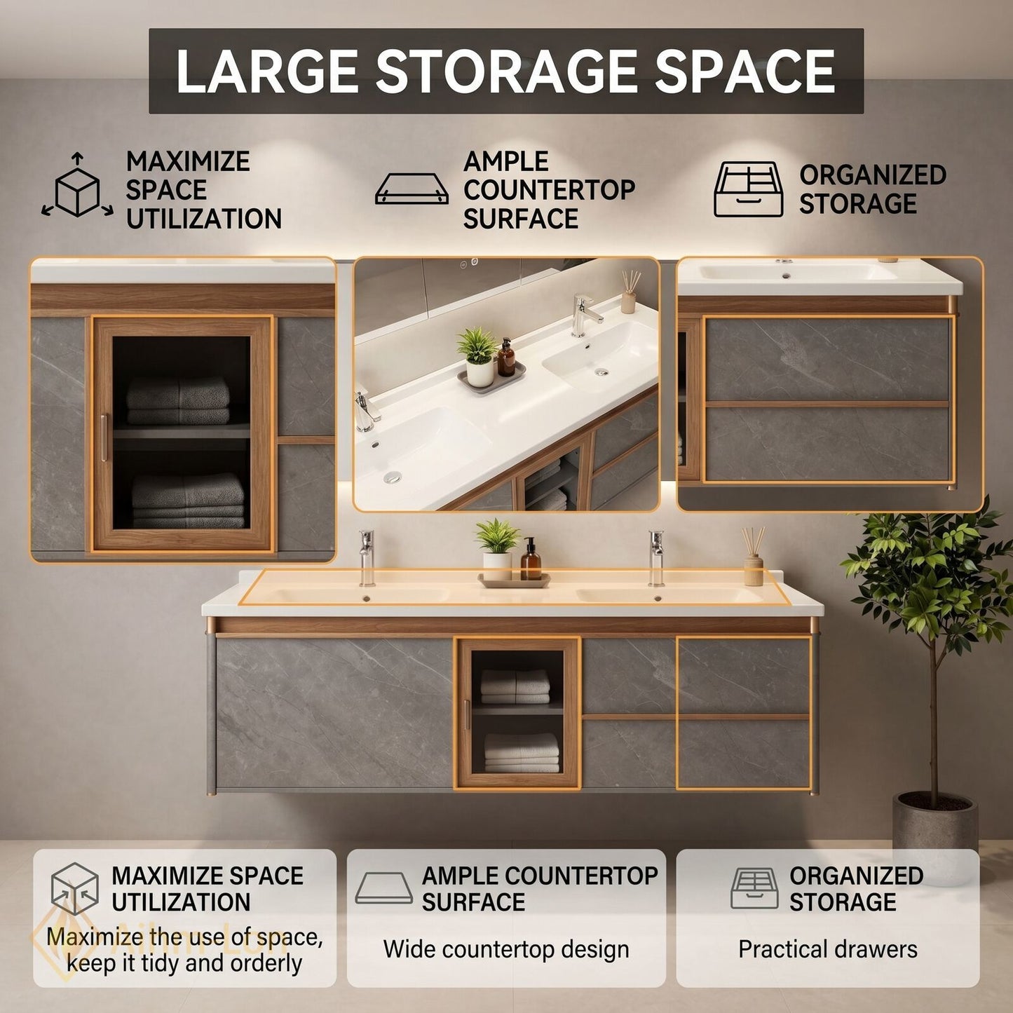 60''-96'' Double Bathroom Vanity with Sink Grey Marble Patterned Natural Wood Grains Cabinet