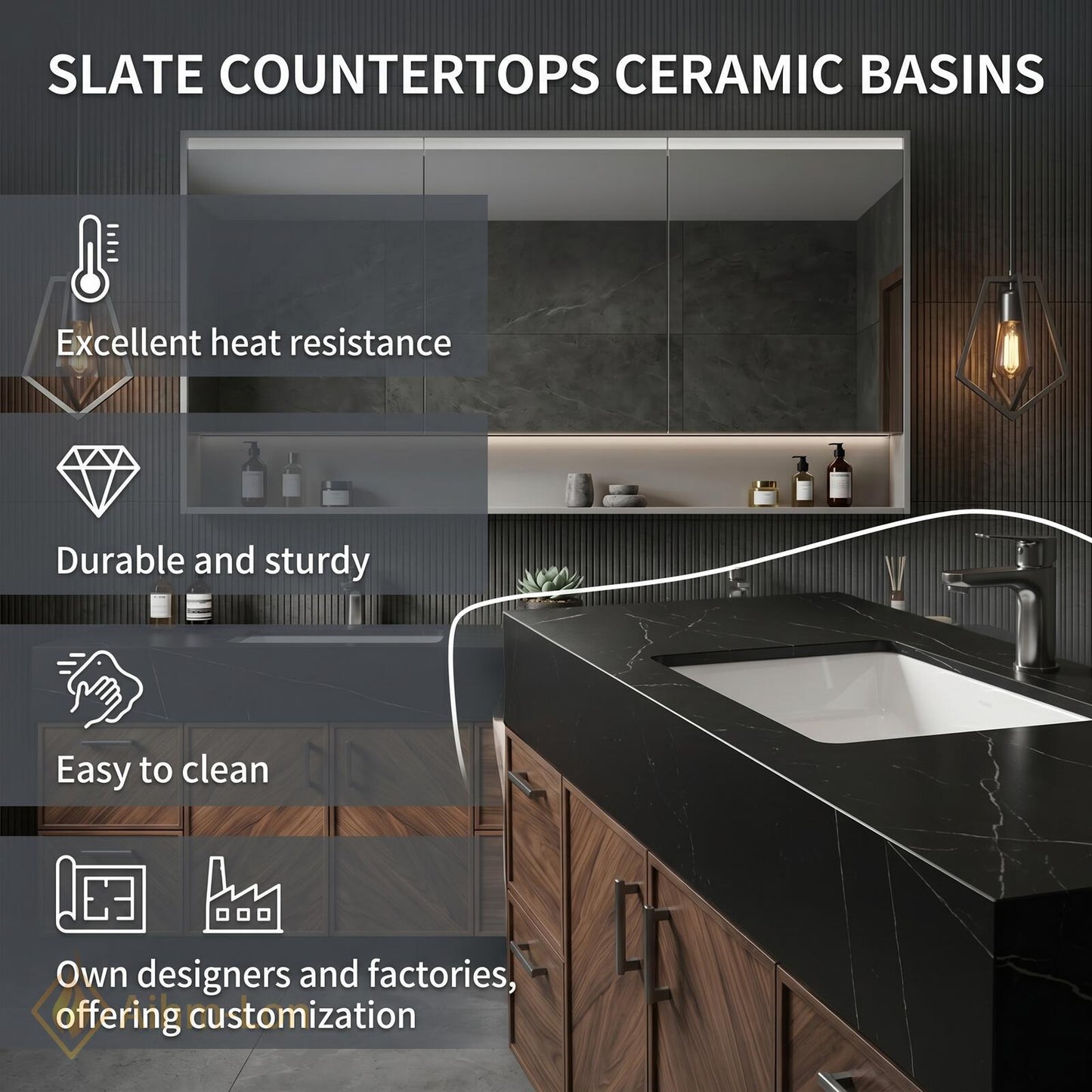 70''-96'' Double Bathroom Vanity with Sink Modern Floating Dark Stone Chevron Panels