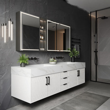 60''-96'' Double Bathroom Vanity with Sink Modern Floating Geometric Panel Marble-Style Top