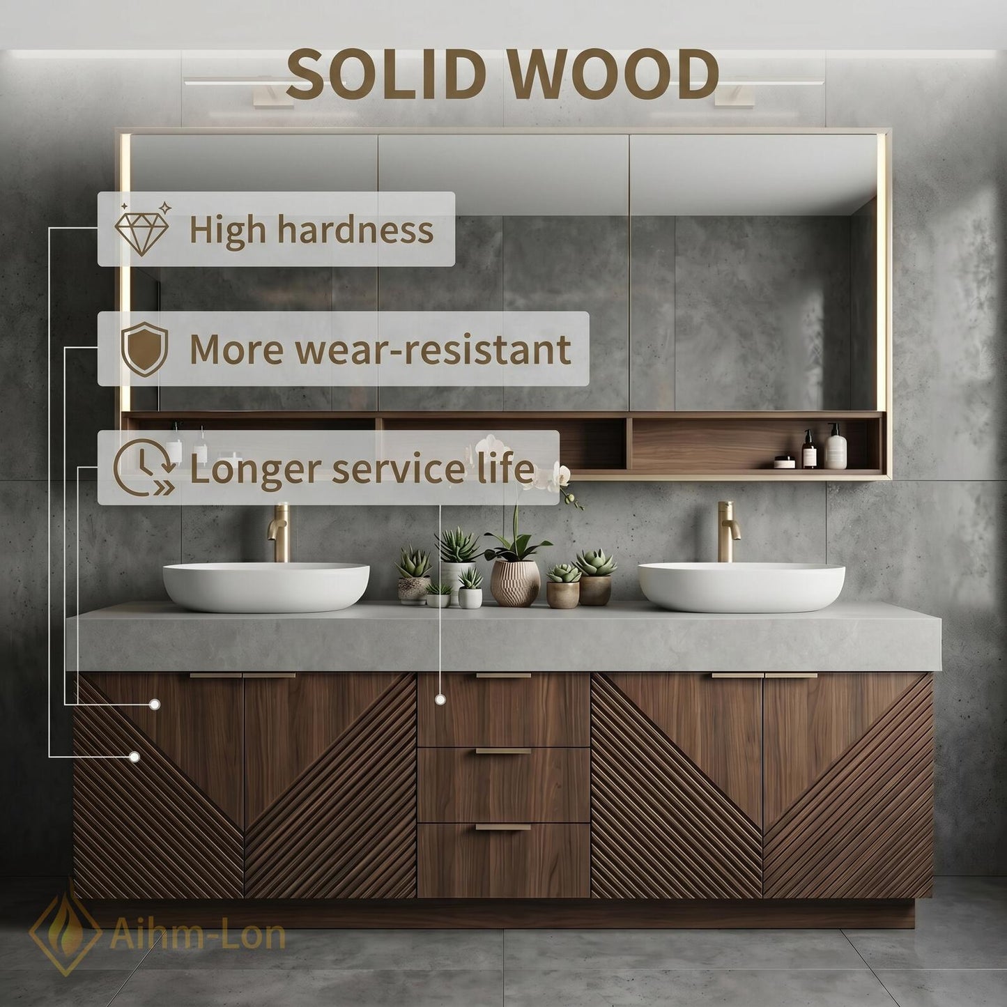 70''-96'' Modern Bathroom Vanity with Sink Floating Diagonal Wood Slate Stone Mirror Storage