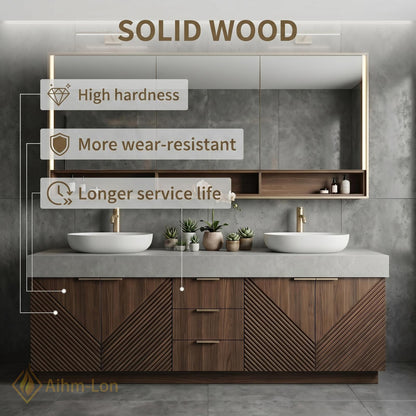 70''-96'' Modern Bathroom Vanity with Sink Floating Diagonal Wood Slate Stone Mirror Storage