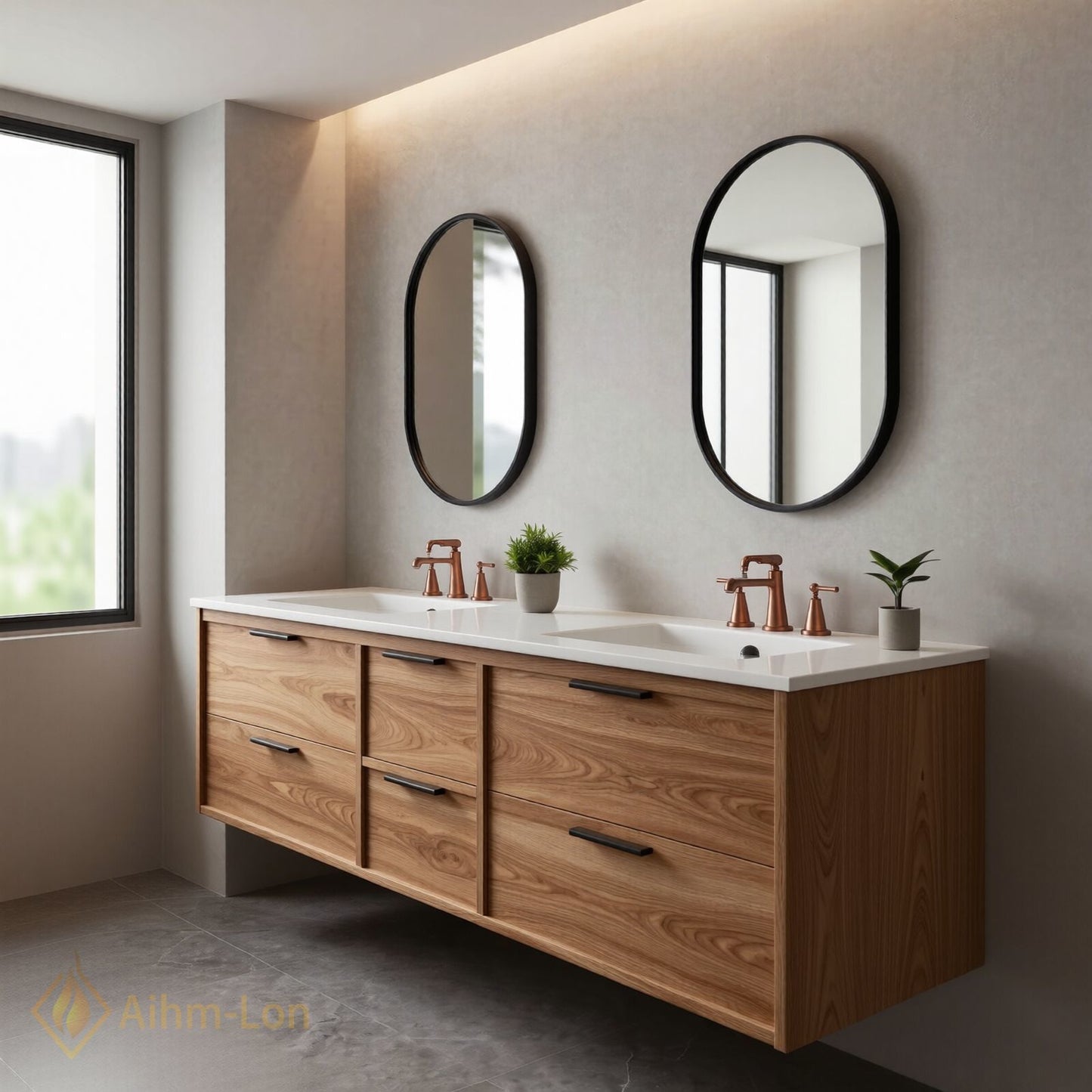 60''-96'' Modern Bathroom Vanity with Sink Oak Wood Grain Floating Drawers Countertop