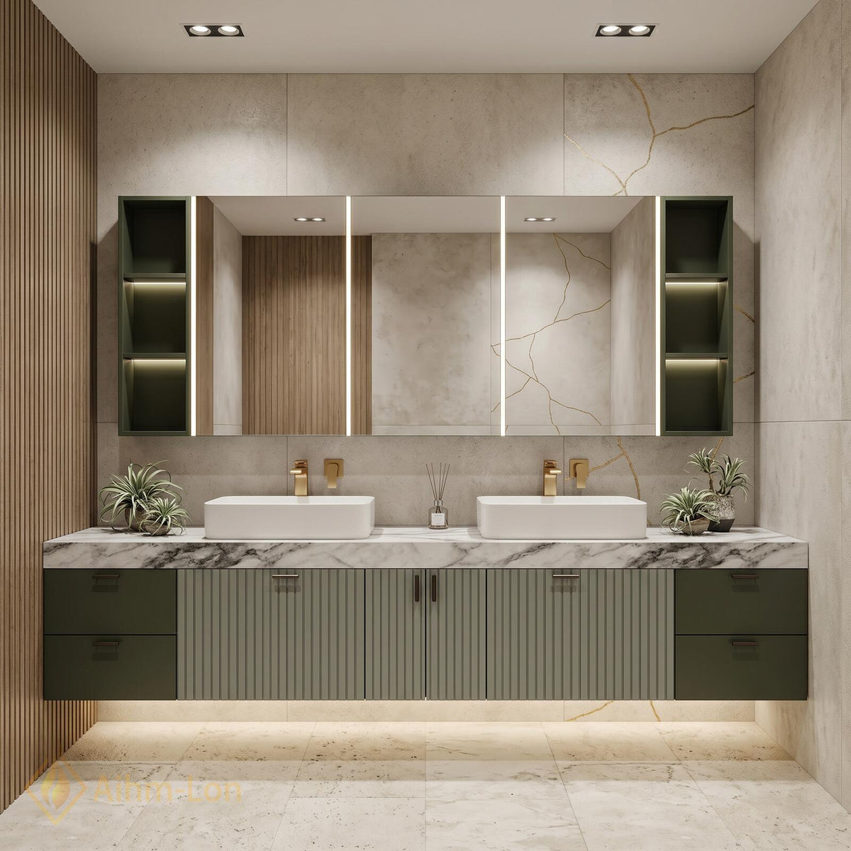 60''-96'' Double Bathroom Vanity with Sink Floating Green Fluted Panels Stone Countertop