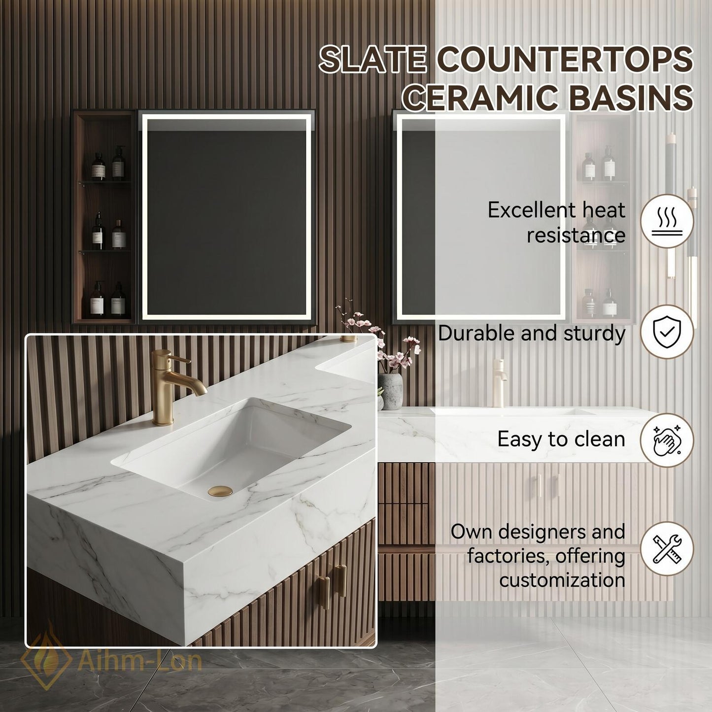 72''-96'' Double Bathroom Vanity with Sink White Modern Floating Basin Slatted Marble