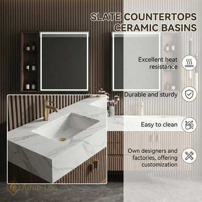 72''-96'' Double Bathroom Vanity with Sink White Modern Floating Basin Slatted Marble