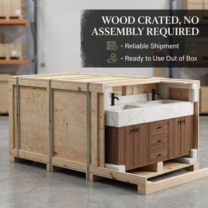 60''-96'' Modern Bathroom Vanity with Sink White Marble Walnut Grained Doors Drawers Cabinet