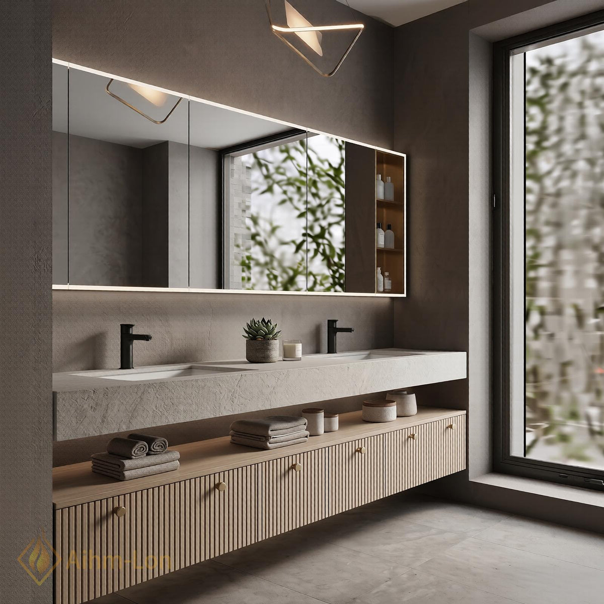 60''-96'' Floating Bathroom Vanity with Sink Slatted Doors Stone-Like Top Open Shelving