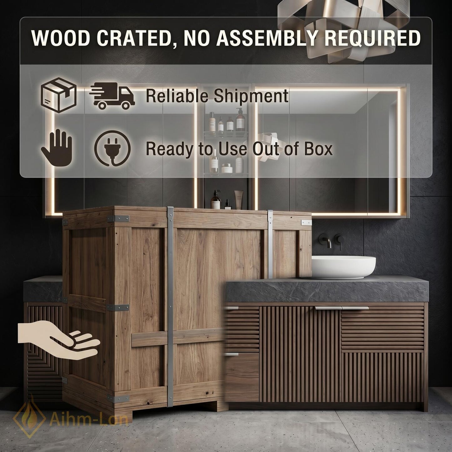 70''-96'' Modern Double Bathroom Vanity with Sink Dark Walnut Slatted Center Shelving