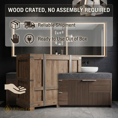 70''-96'' Modern Double Bathroom Vanity with Sink Dark Walnut Slatted Center Shelving