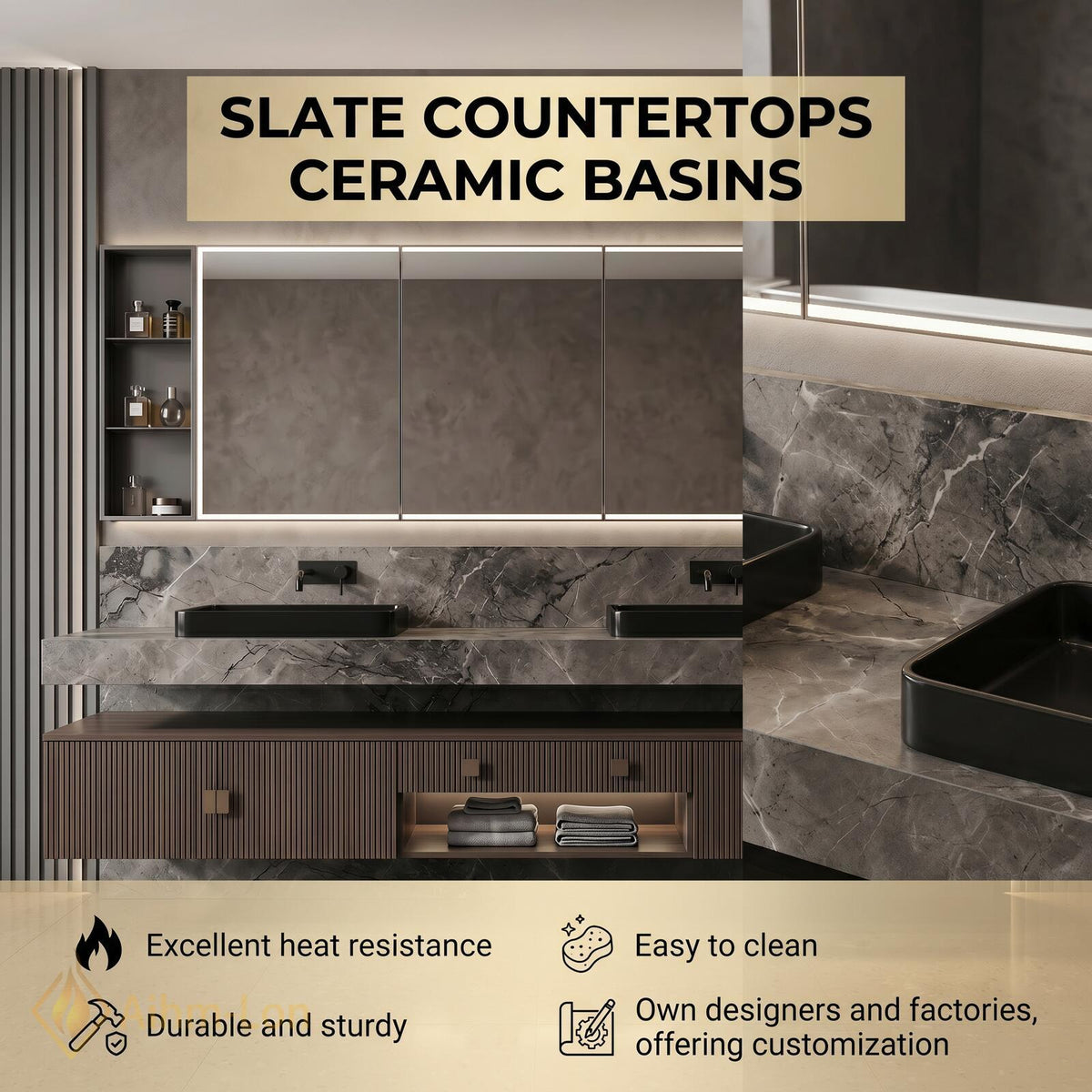 78''-96'' Bathroom Vanity with Sink Floating Vanity Dark Walnut Slatted Panels Open