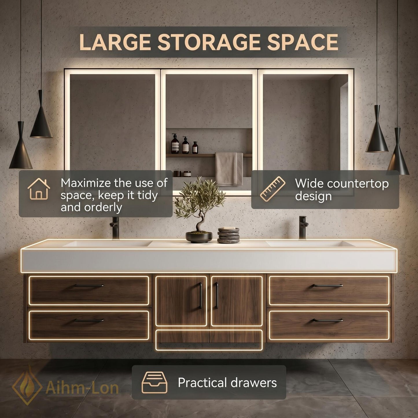 60''-96'' Double Bathroom Vanity with Sink Modern Floating Solid Frame Base Drawers