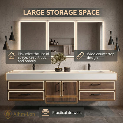 60''-96'' Double Bathroom Vanity with Sink Modern Floating Solid Frame Base Drawers