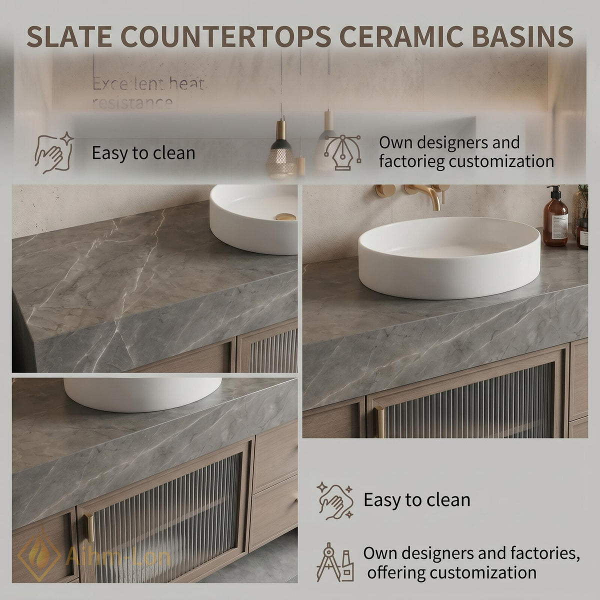 60''-96'' Double Bathroom Vanity with Sink Slatted Glass Door Grey Marble Finish