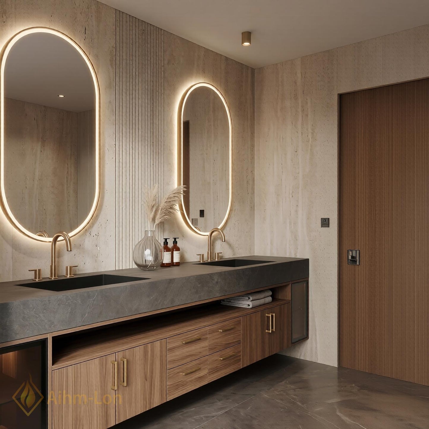 76''-96'' Double Bathroom Vanity with Sink Dark-Walnut Slatted Center Panel Open