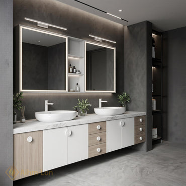 70''-96'' Modern Double Bathroom Vanity with Sink White Marble-Look Center Drawer Cabinet