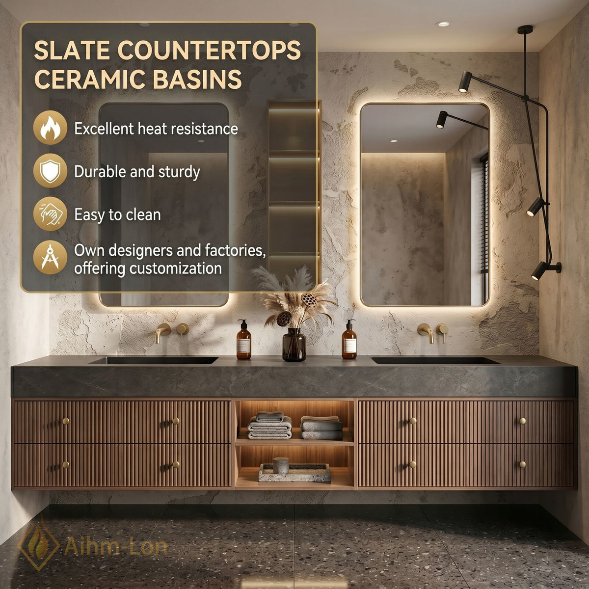 60''-96'' Double Bathroom Vanity with Sink Slatted Wood Warm Finish Open Shelving
