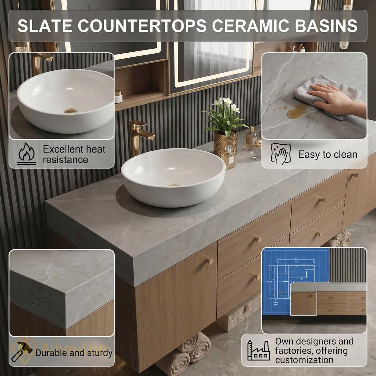 60''-96'' Double Bathroom Vanity with Sink Modern Floating Warm Wood Grain Cabinetry
