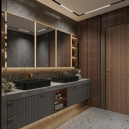 60''-96'' Double Bathroom Vanity with Sink Modern Floating Dark Slatted Speckled Stone Top
