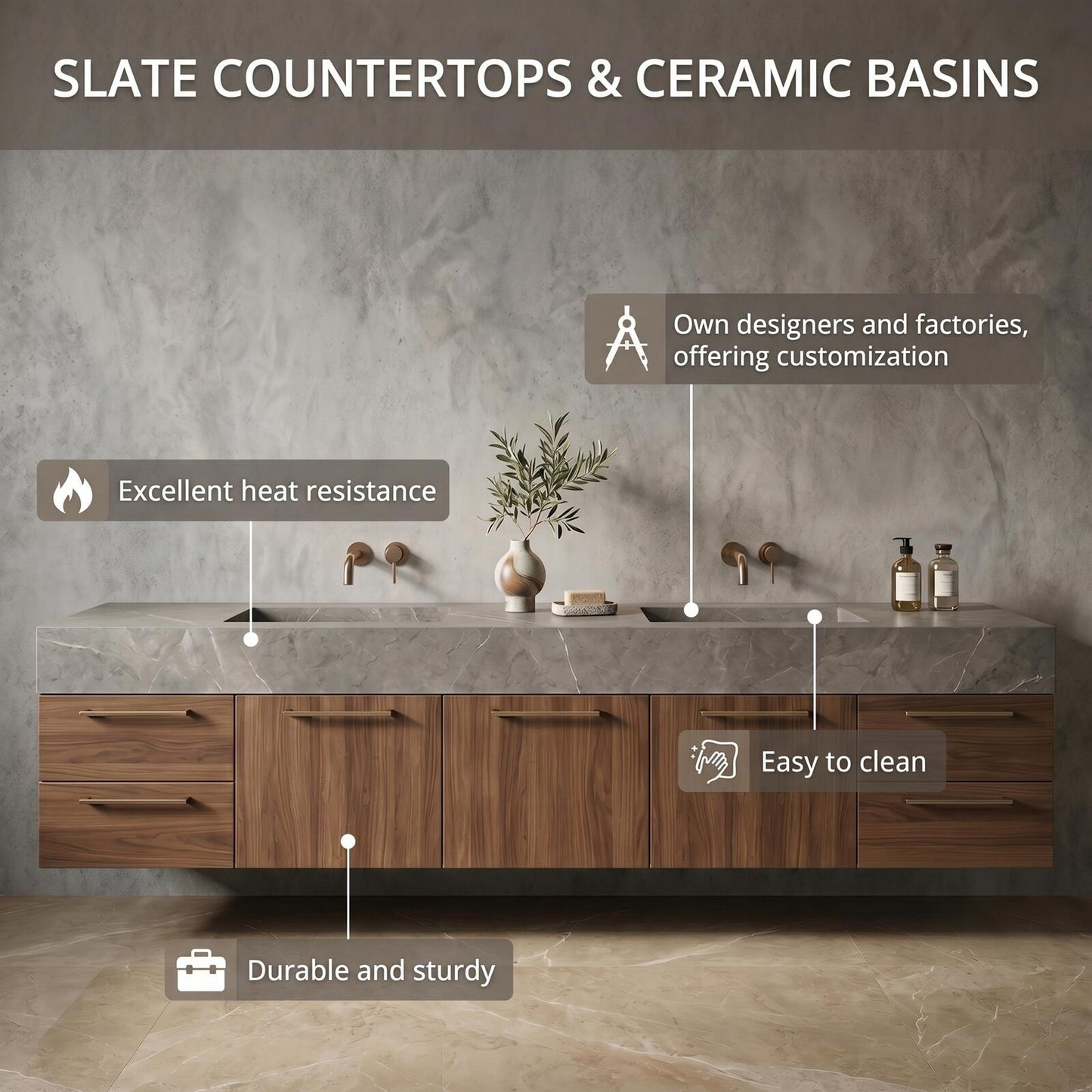60''-96'' Modern Bathroom Vanity with Sink Floating Double Dark Walnut Finish Cabinet