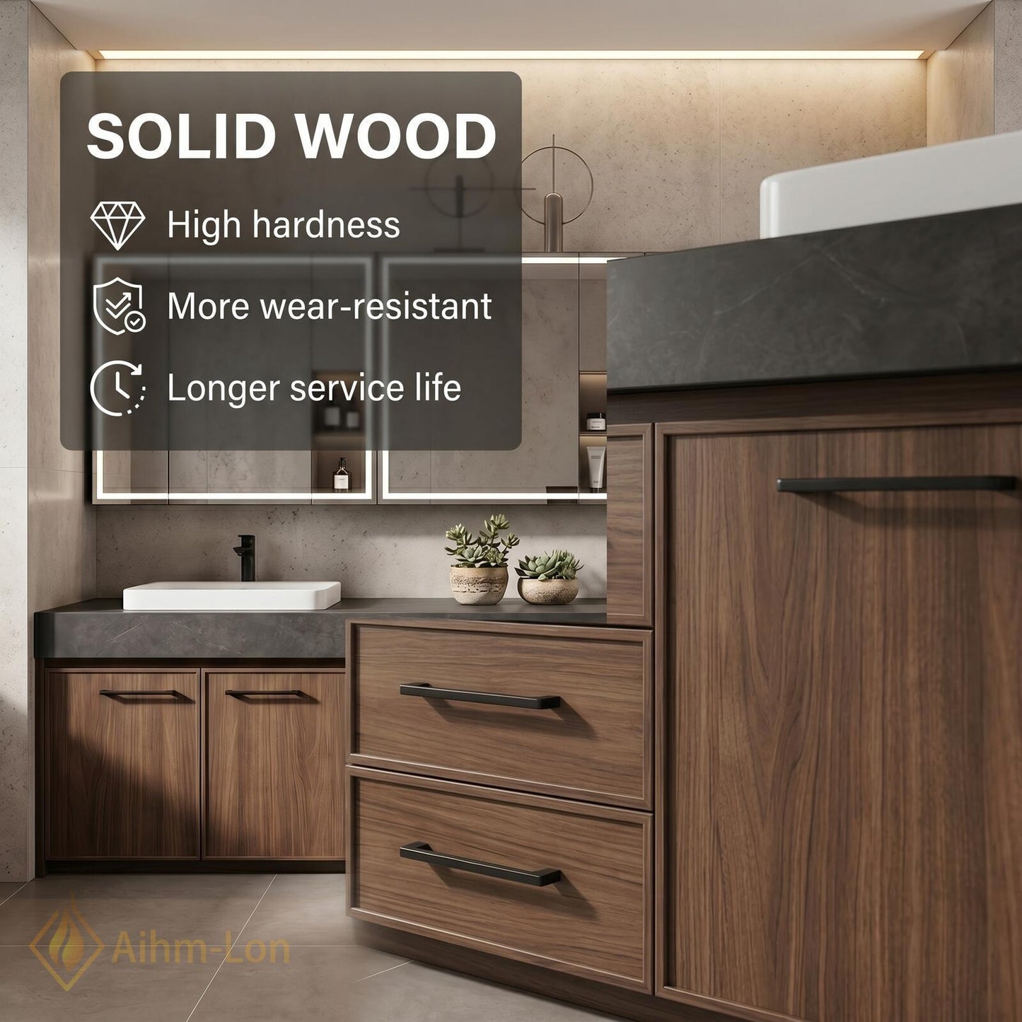 78''-96'' Double Bathroom Vanity with Sink Dark Stone Slab Walnut Finish Drawers