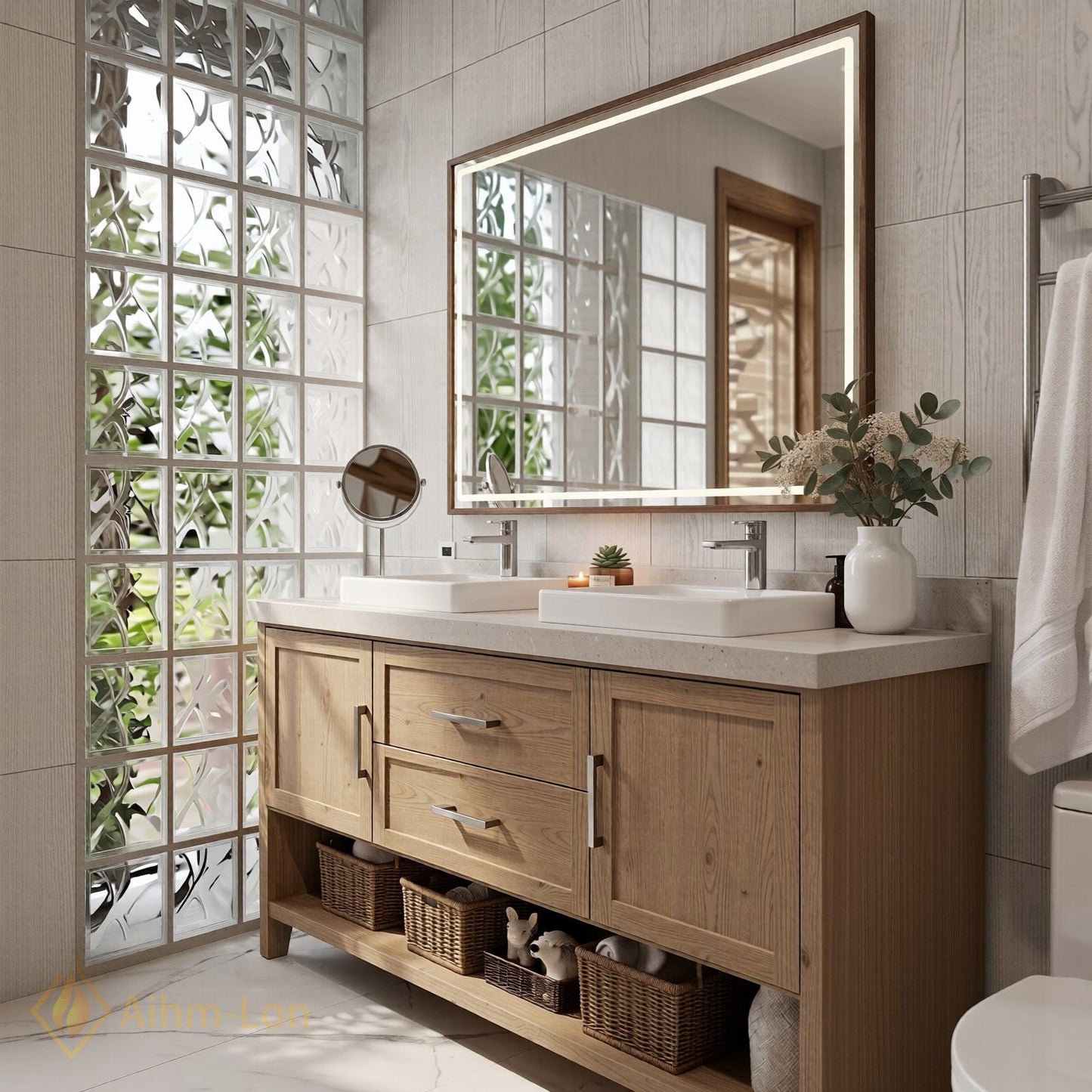 60''-96'' Modern Bathroom Vanity with Sink Farmhouse Wood Grain Wide Baskets