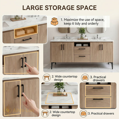 60''-96'' Modern Bathroom Vanity with Sink Floating Solid Wood Texture Dual Drawers
