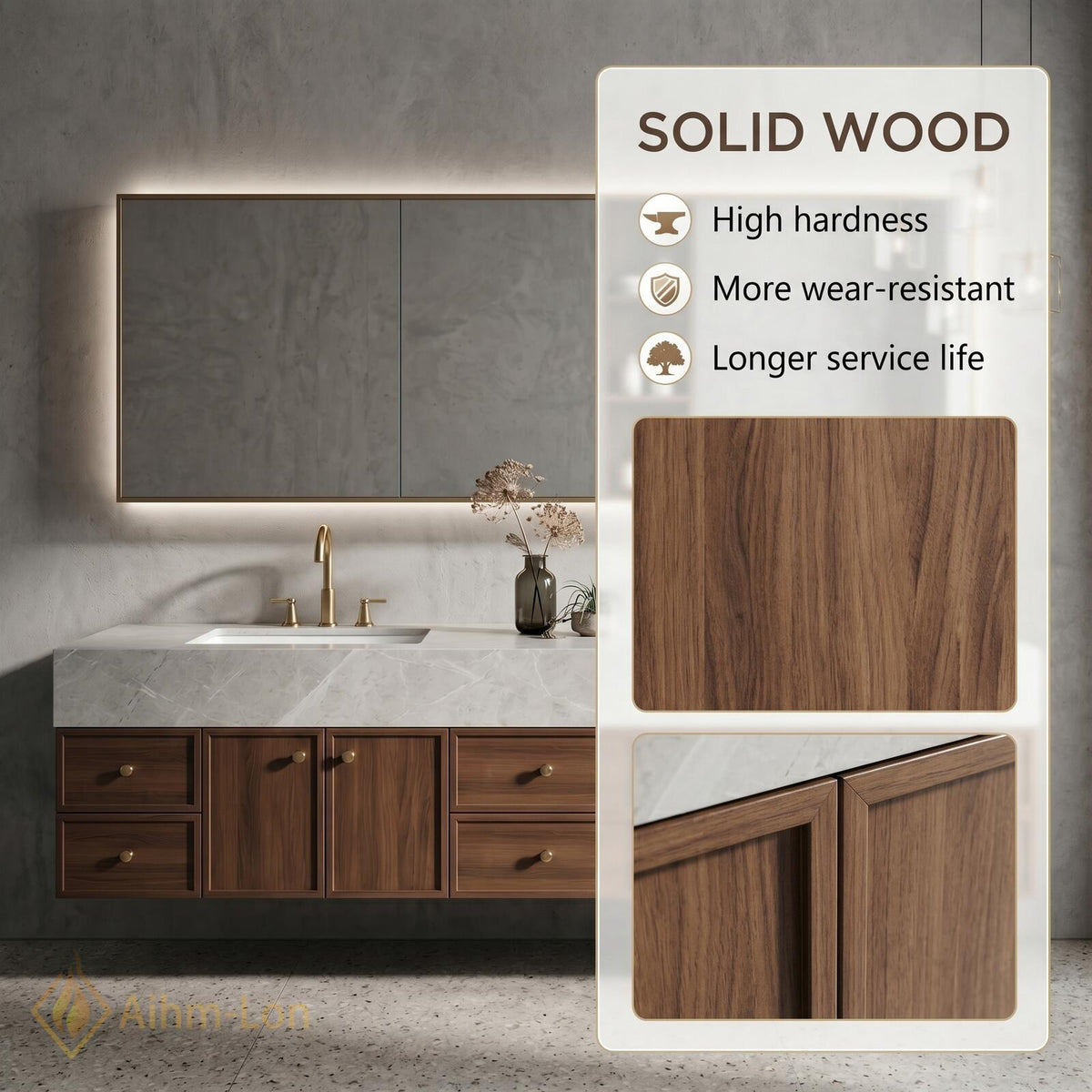 60''-96'' Double Bathroom Vanity with Sink Floating Warm Wood Finish Marble Top