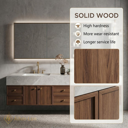 60''-96'' Double Bathroom Vanity with Sink Floating Warm Wood Finish Marble Top