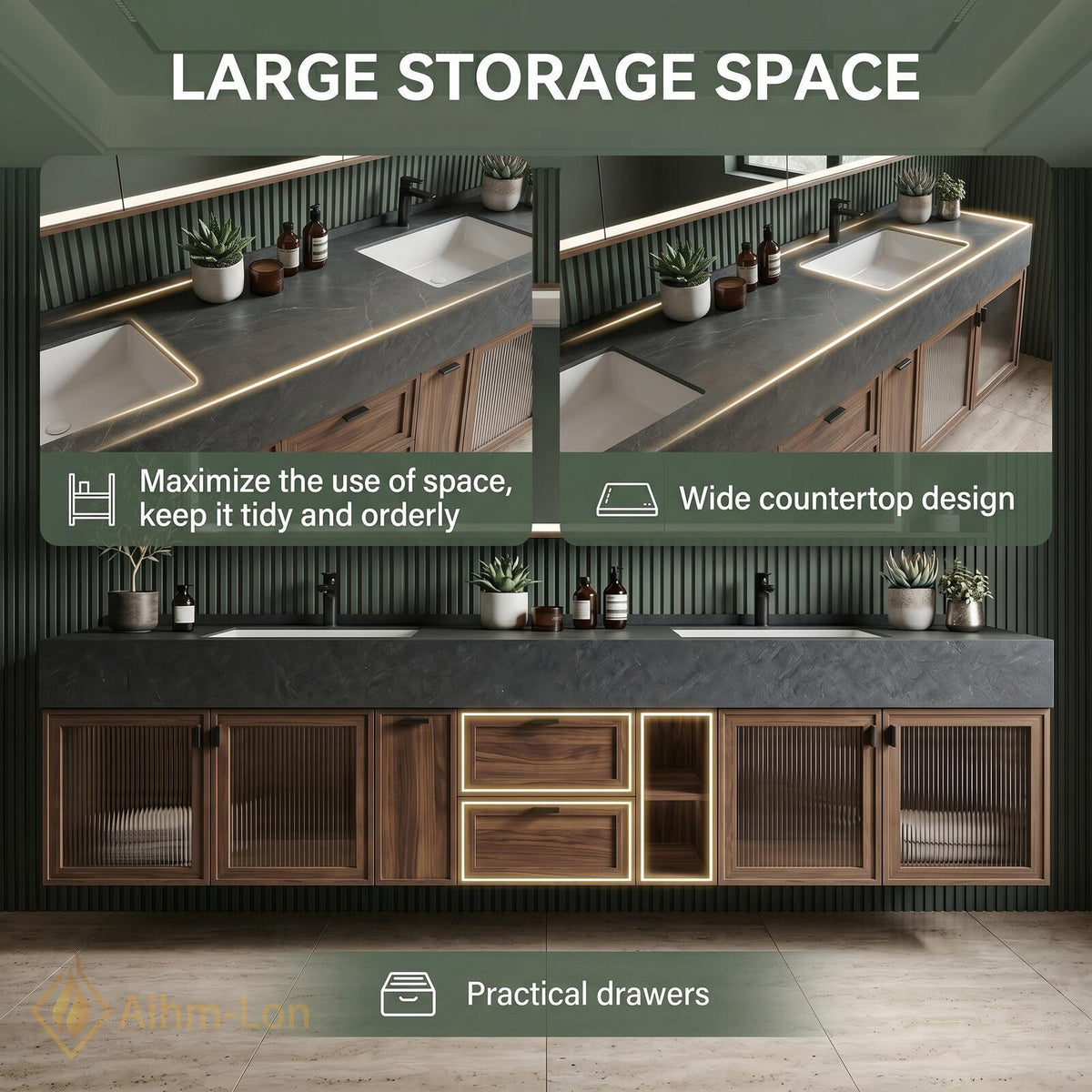 78''-96'' Double Bathroom Vanity with Sink Dark Stone Top Walnut Frame Stylish